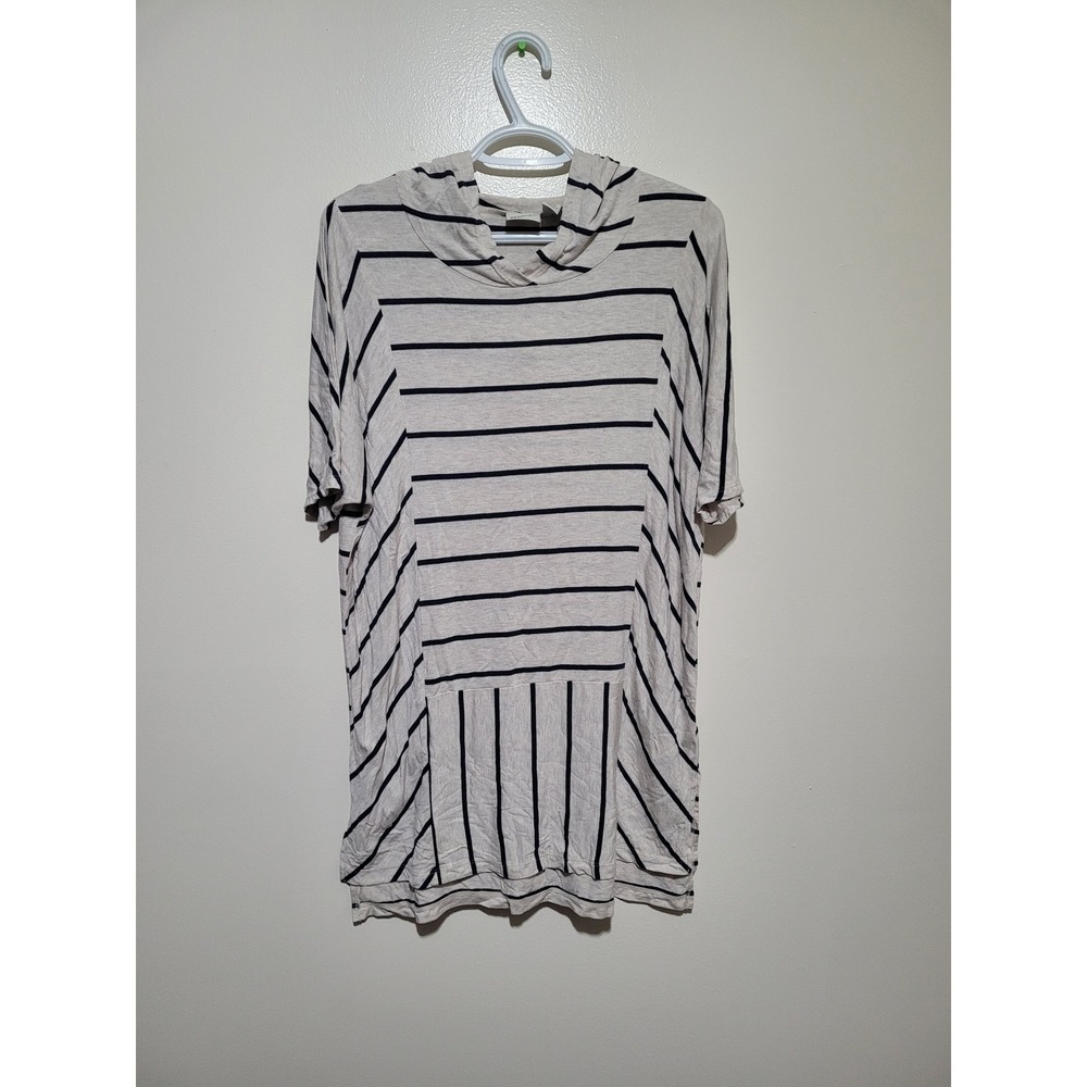 Zenergy by Chico's Striped Hooded Top Womens 1 M Cream Navy Short Sleeve‎ Knit